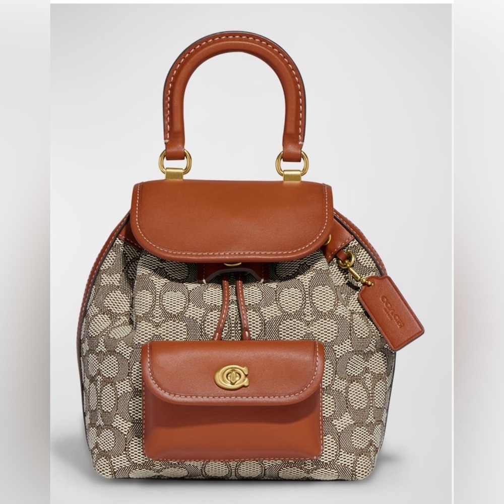 Coach Tan Leather-Trim Signature Canvas Backpack